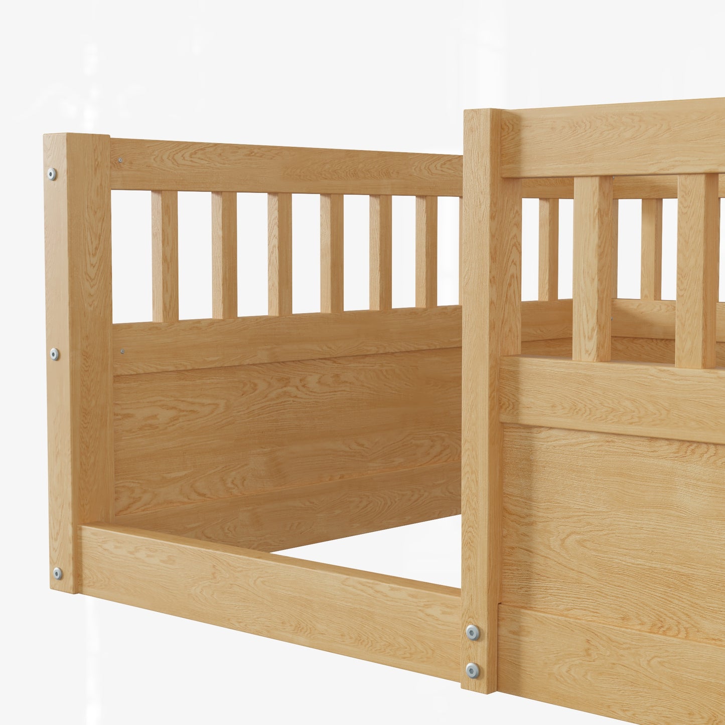 Twin Floor Bed Frame with Fence, Wood Kids Floor Beds Frame for Bedroom Playroom,Natural