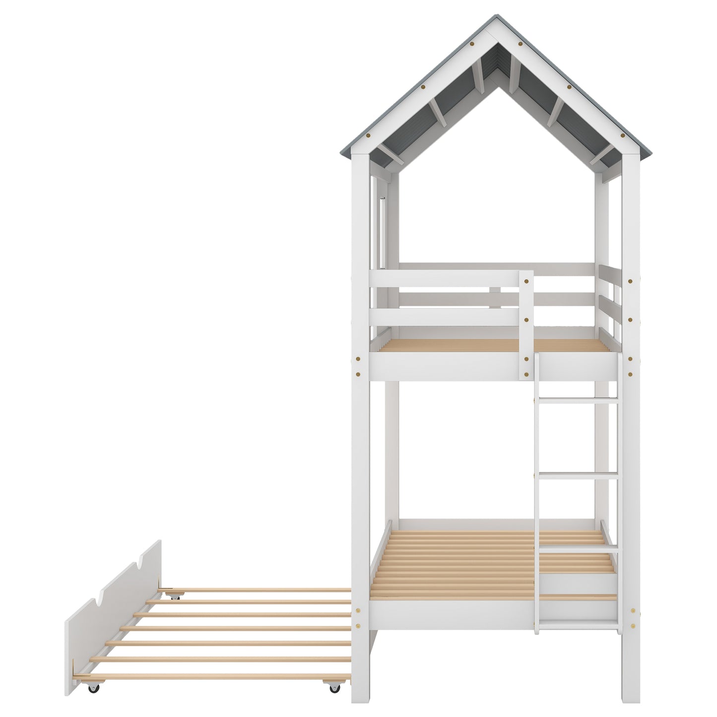 House Bunk Bed with Trundle,Roof and Windows White