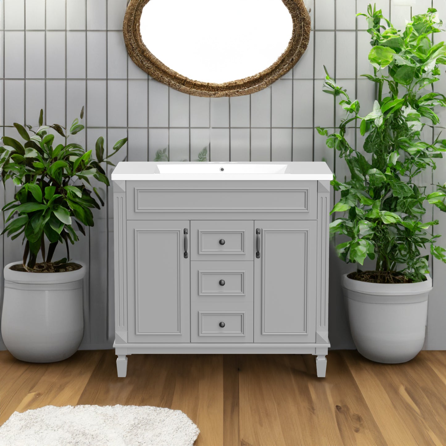 Tocador de baño de 36" con lavabo superior, gabinete de almacenamiento moderno con 2 puertas de cierre suave y 2 cajones