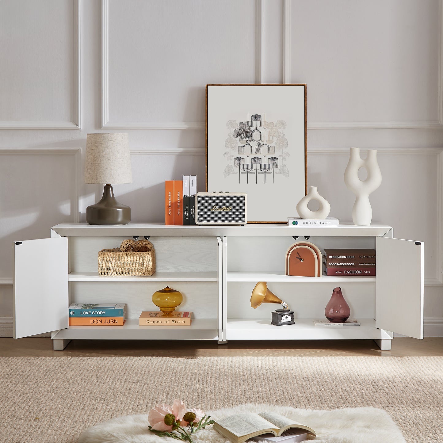 Side panel storage cabinet, TV stand, modern style cabinet, white, 64 inches wide x 15 inches deep x 23.23 inches high.