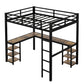 Full Metal Loft Bed with Desk and Shelves, Loft Bed with Ladder and Guardrails, Loft Bed Frame for Bedroom, Black