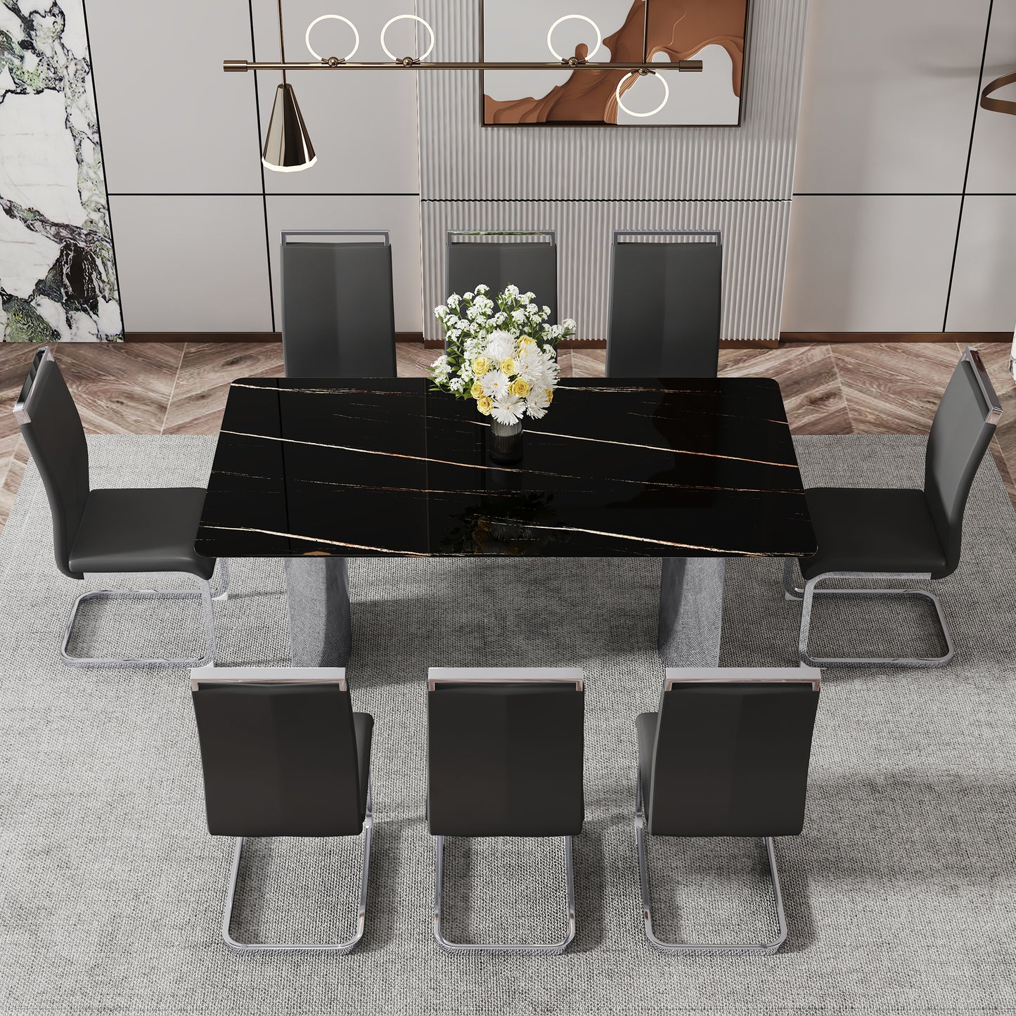 Modern minimalist dining table The black imitation marble glass desktop is equipped with silver metal legs