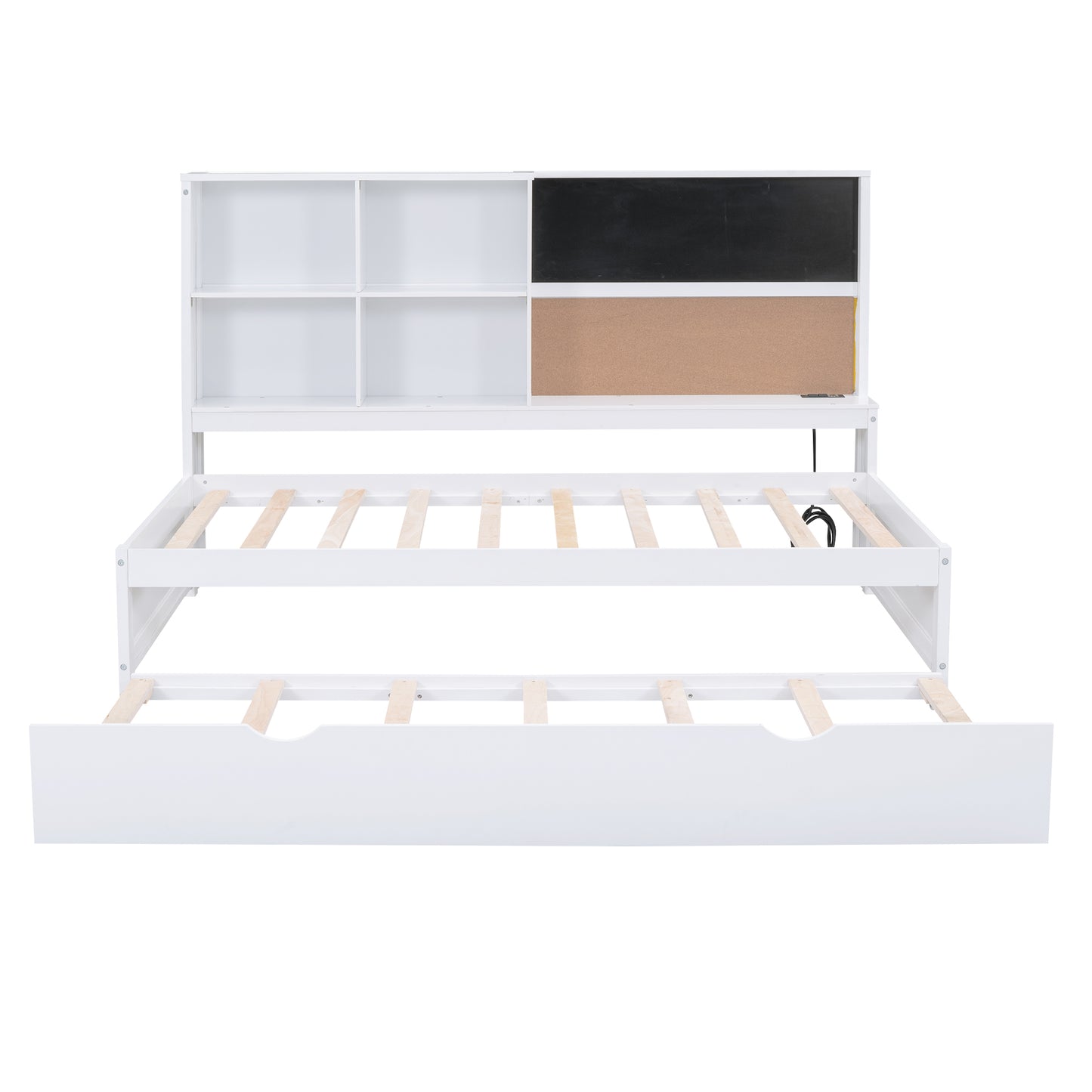 Twin Size Daybed with Storage Shelves, Blackboard, Cork board, USB Ports and Twin Size Trundle, White