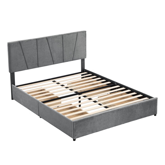 Queen Upholstered Platform Bed with Drawers Gray