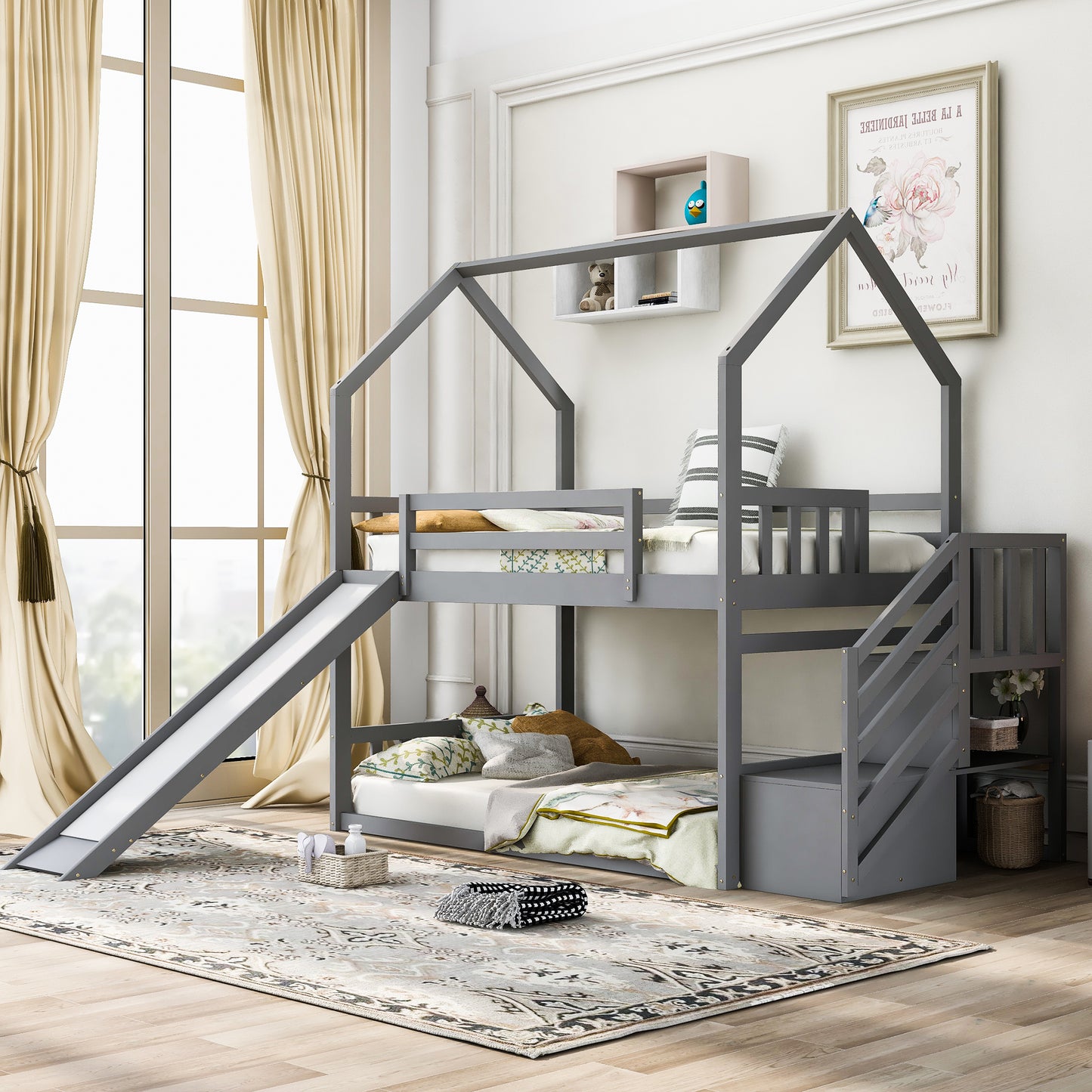 Twin over Twin House Bunk Bed with Convertible Slide and Storage Staircase, Gray Finish