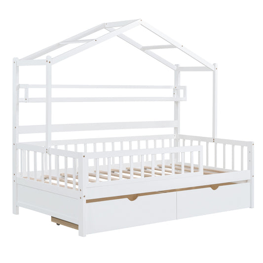 Wooden Twin Size House Bed with 2 Drawers Kids Bed with Storage Shelf White