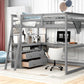 Full Size Loft Bed with Desk and Shelves,Two Built-in Drawers Gray