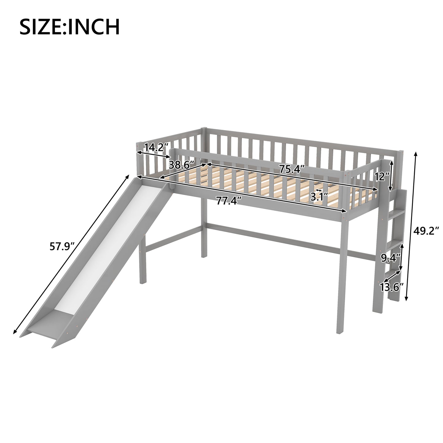 Twin Size Low Loft Bed with Ladder and Slide  Gray