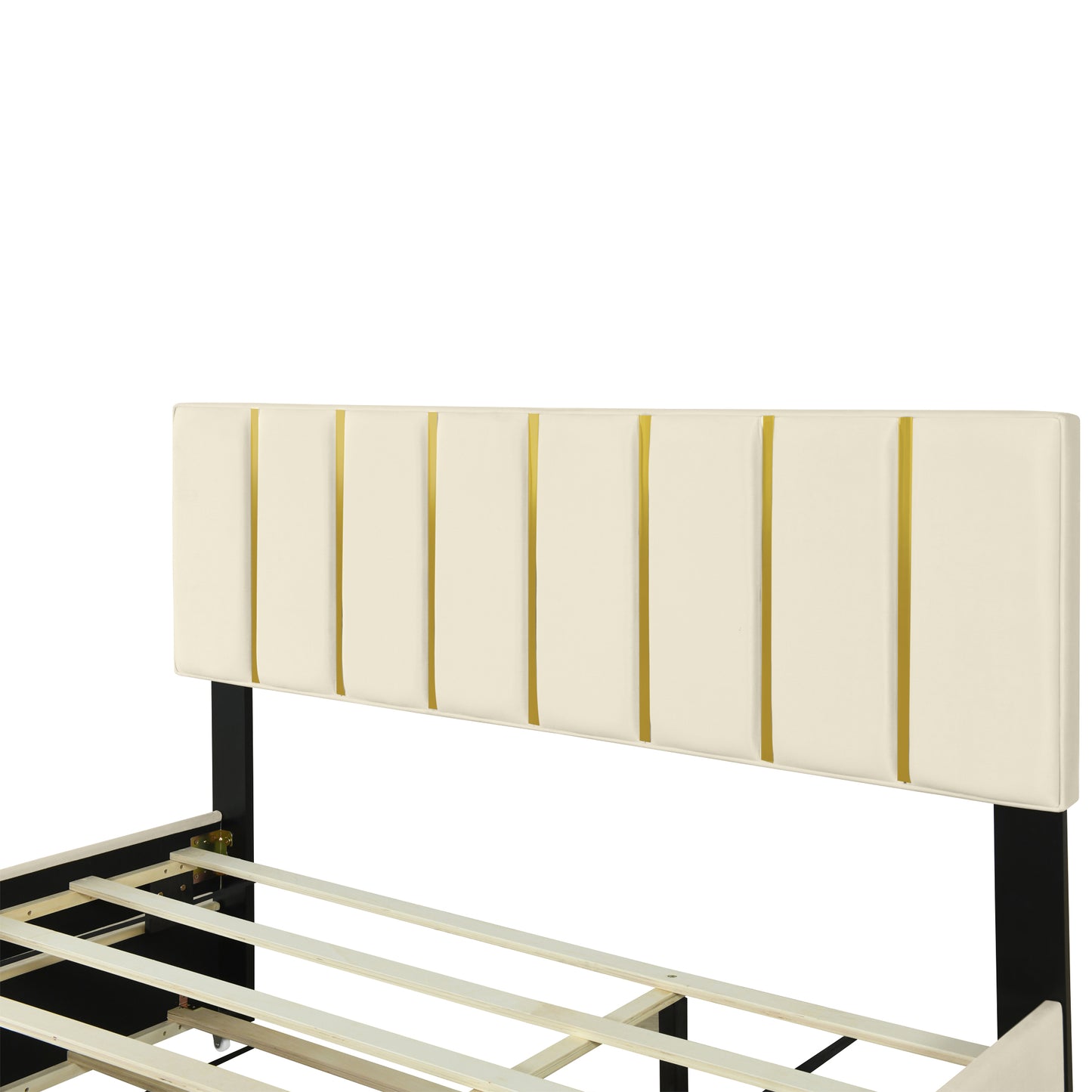 Queen Size Upholstered Platform Bed with 2 Drawers and 1 Trundle, Classic Metal Strip Headboard Design, Beige