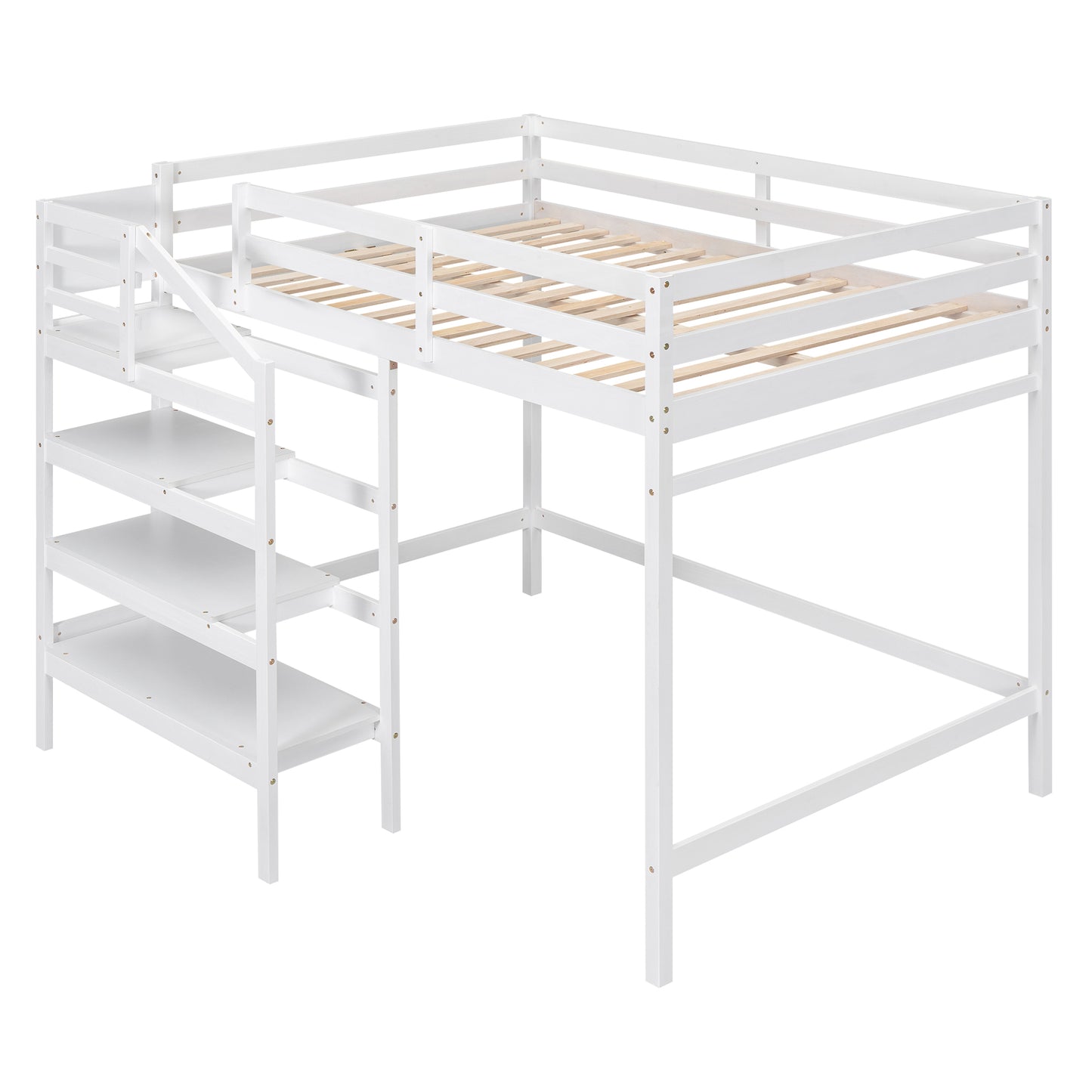 Cama alta de tamaño completo con escalera de almacenamiento incorporada y percha para ropa, acabado blanco