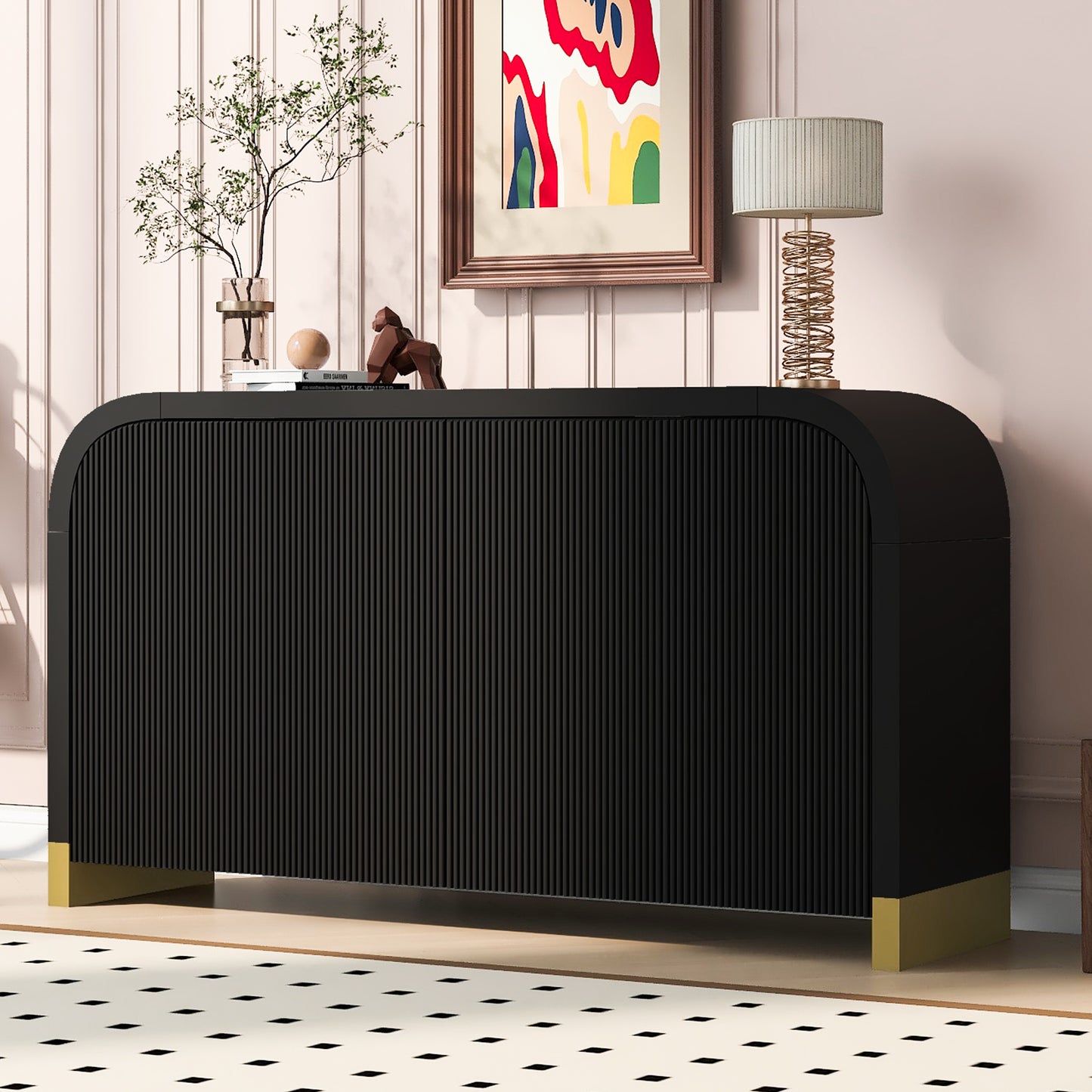 Gabinete de esquina curvo de cuatro puertas U-STYLE con paneles de puerta ondulados, estantes ajustables y acabado negro elegante