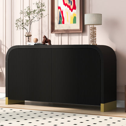 U-STYLE Four-Door Curved Corner Cabinet with Wavy Door Panels, Adjustable Shelves, and Sleek Black Finish