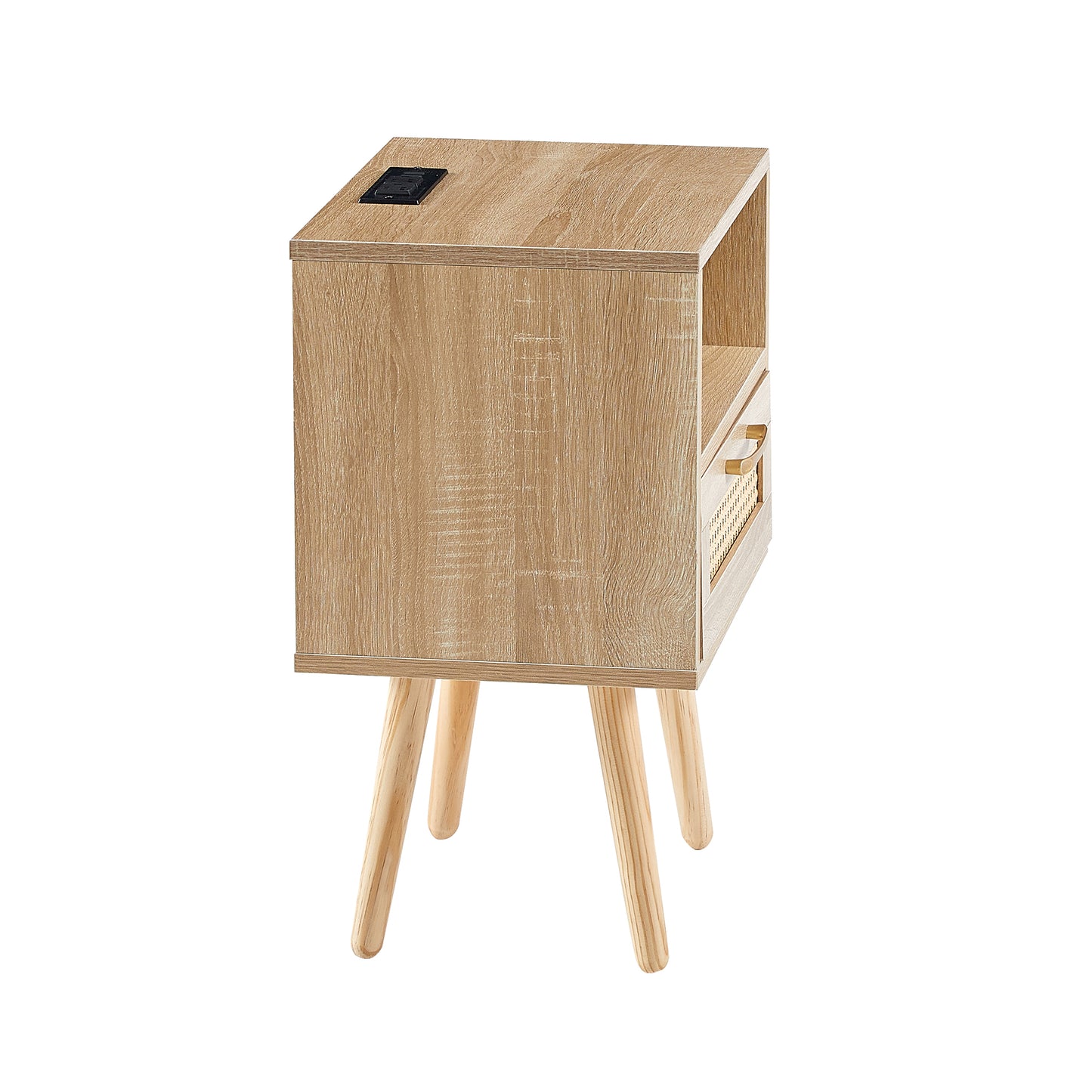 Rattan End table with Power Outlet & USB Ports Modern nightstand with drawer and solid wood legs