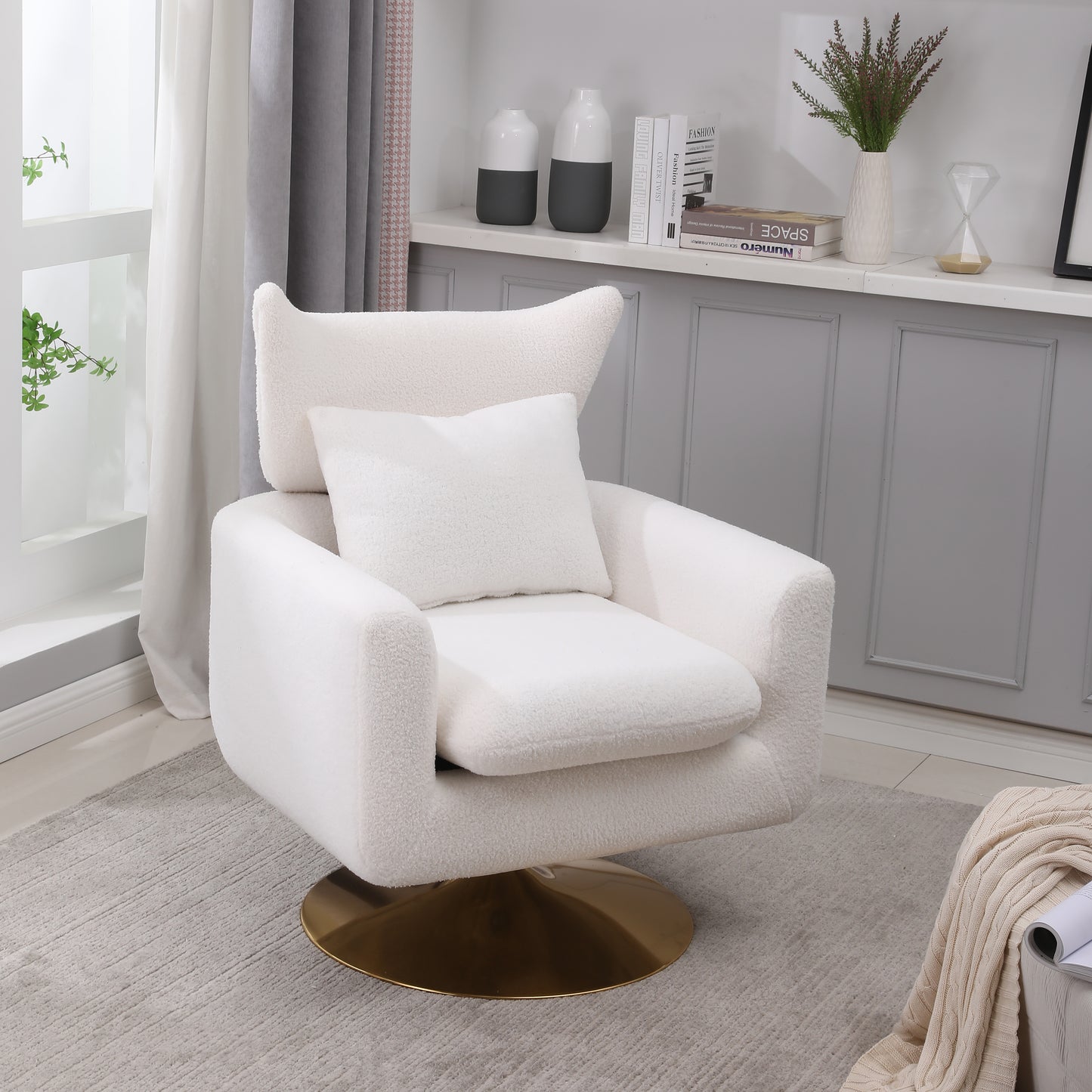 Classic Mid-Century 360-Degree Swivel Accent Chair, White Teddy Fabric for Living Rooms and Offices