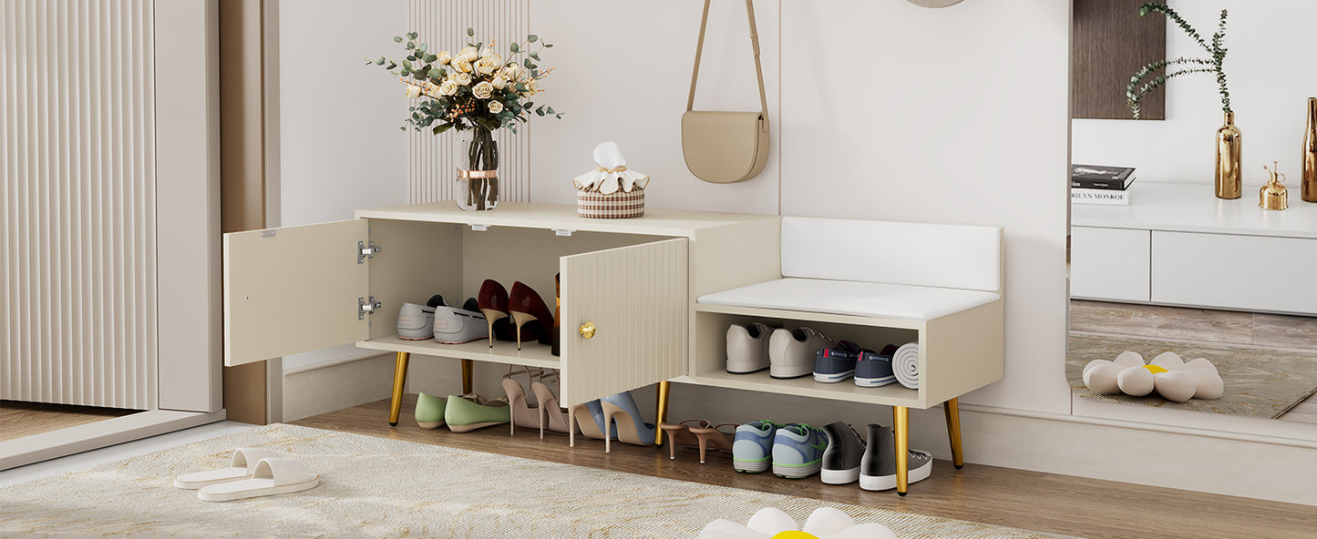 Modern Shoe Storage Bench with Hidden Storage and Upholstered Cushions, Antique White Finish