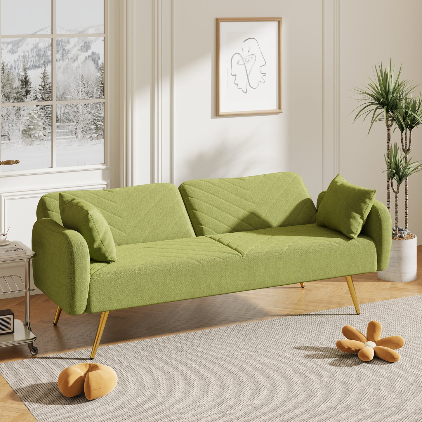 Green Fabric Double Sofa with Split Backrest and Two Throw Pillows