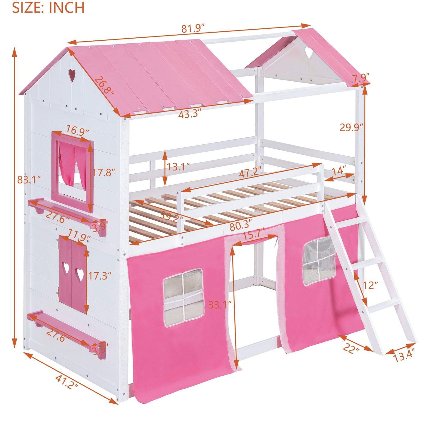 Twin Size Bunk Wood House Bed with Elegant Windows, Sills and Tent, Pink+White