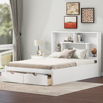 Full Size Platform Bed with Storage Headboard and 2 Drawers, White