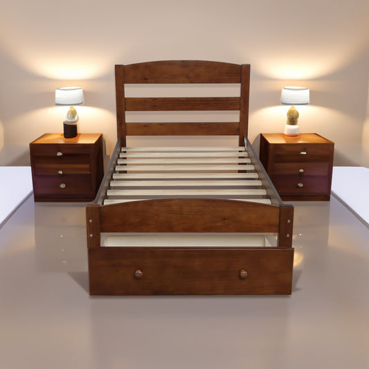 Platform Twin Bed Frame with Storage Drawer and Wood Slat Support No Box Spring Needed Walnut