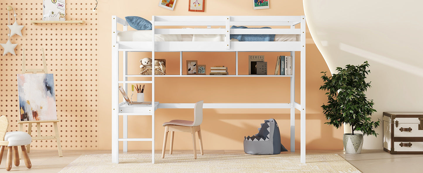 Twin Loft Bed with built-in desk and bookcase of three compartments, Guardrails and Ladder,White