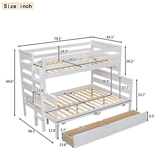 Wood Twin over Full Bunk Bed with 2 Drawers  White