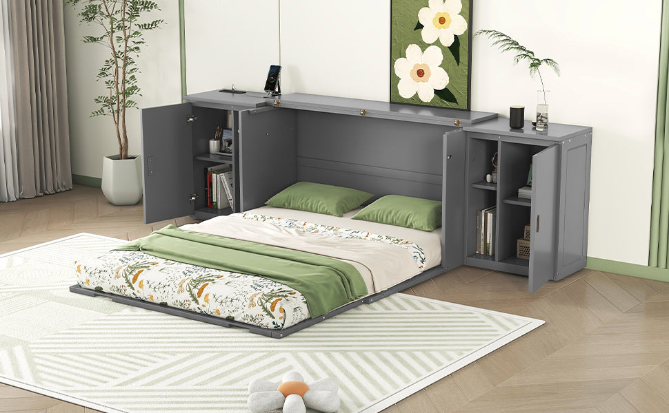 Cama plegable tamaño queen con estantes, gabinetes y puertos USB, acabado gris para dormitorios modernos