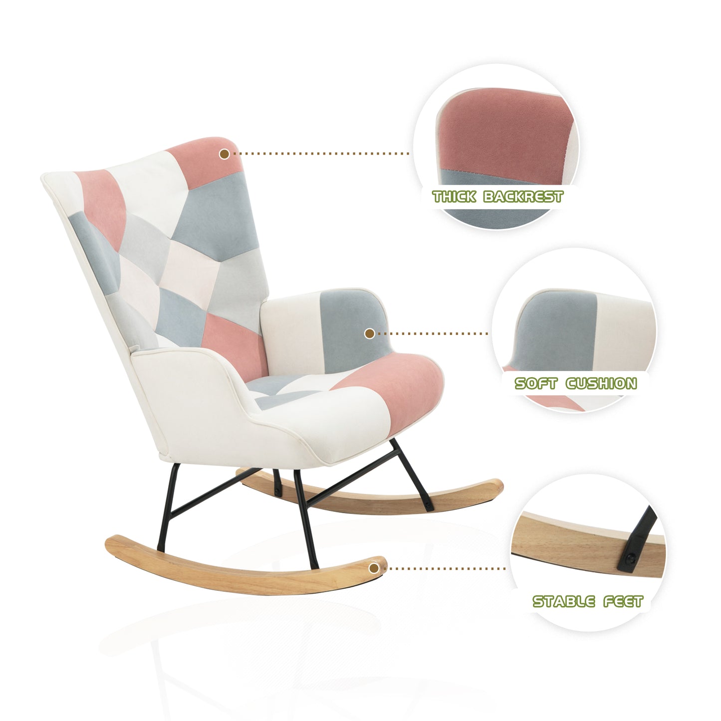 Rocking Chair with ottoman, Mid Century Fabric Rocker Chair with Wood Legs and Patchwork Linen for Livingroom Bedroom