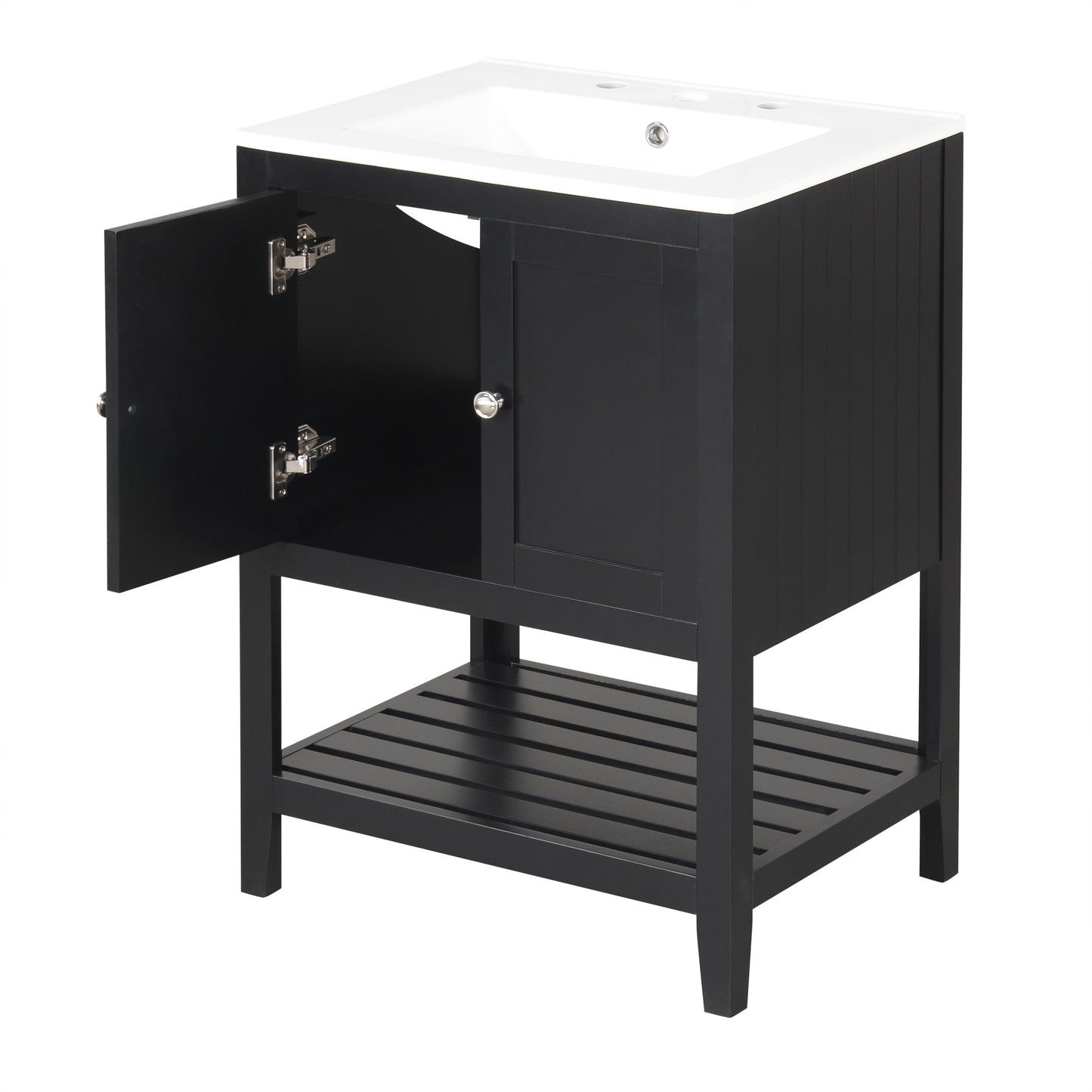 Black Modern Sleek Bathroom Vanity Elegant Ceramic Sink with Solid Wood Frame Open Style Shelf