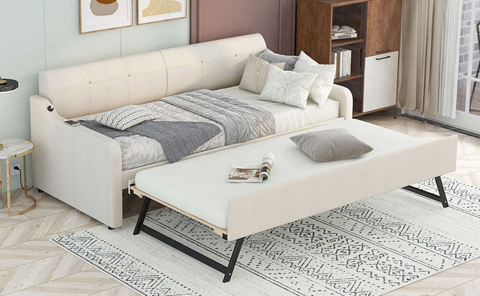 Sofá cama tapizado tamaño twin con diseño de nido y carga USB, acabado beige