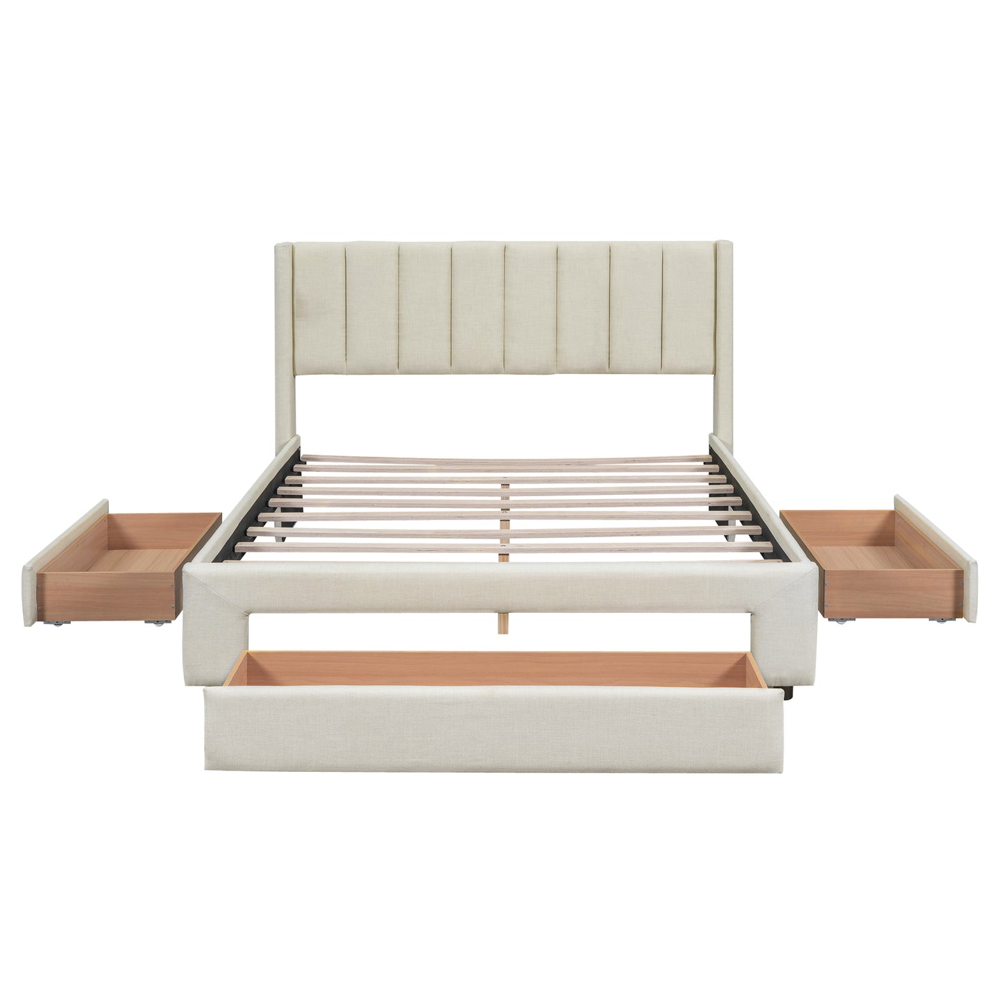 Full Size Upholstered Platform Bed with One Large Drawer in Footboard and Drawers on Each Side, Beige