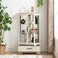 Light colored glass cabinet Curio display cabinet with adjustable glass frame, 2 doors and 1 drawer, including white light bulbs