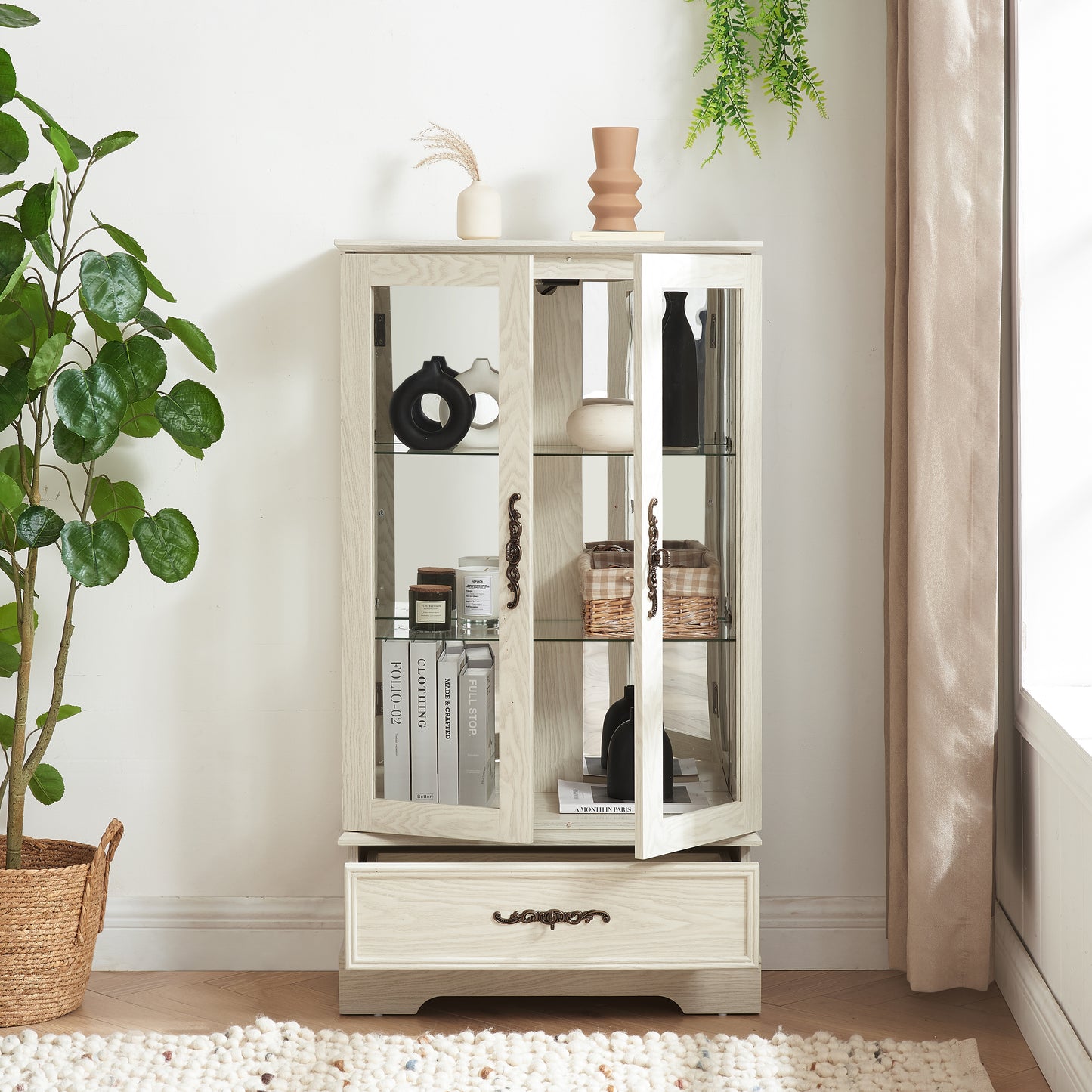 Light colored glass cabinet Curio display cabinet with adjustable glass frame, 2 doors and 1 drawer, including white light bulbs