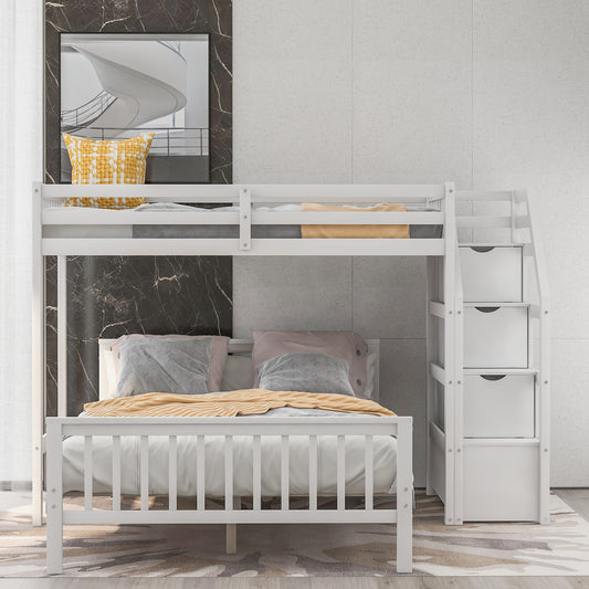 Twin over Full Loft Bed with Staircase, White Finish for Functional Bedrooms