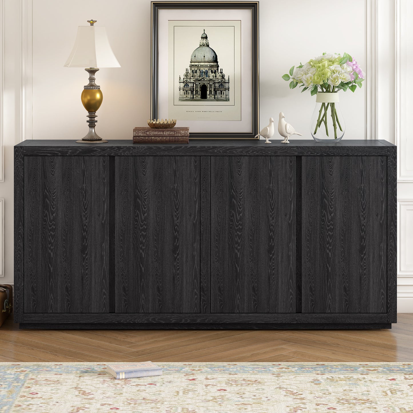 U-Style Four-Door Cabinet Sideboard with Ash Veneer, Perfect for Hallways, Entryways, and Living Rooms