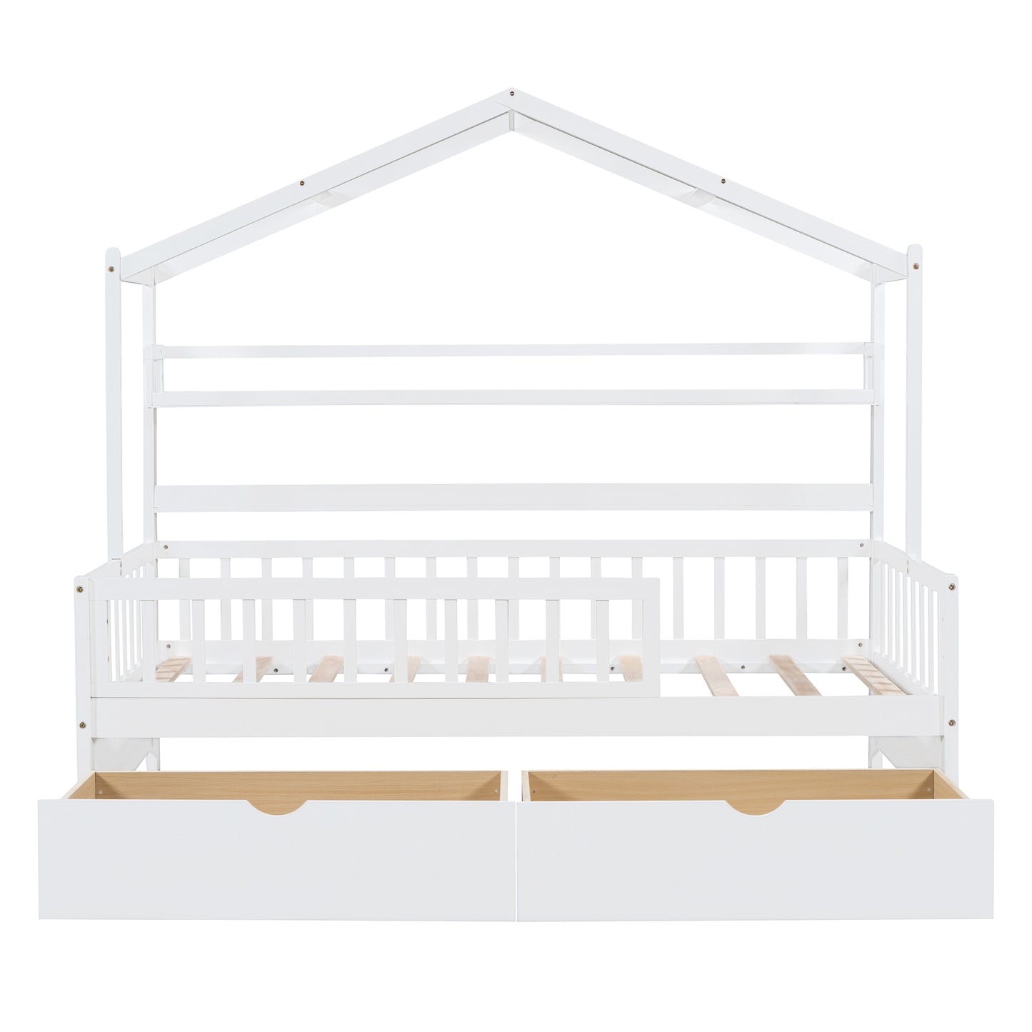 Wooden Twin Size House Bed with 2 Drawers Kids Bed with Storage Shelf White