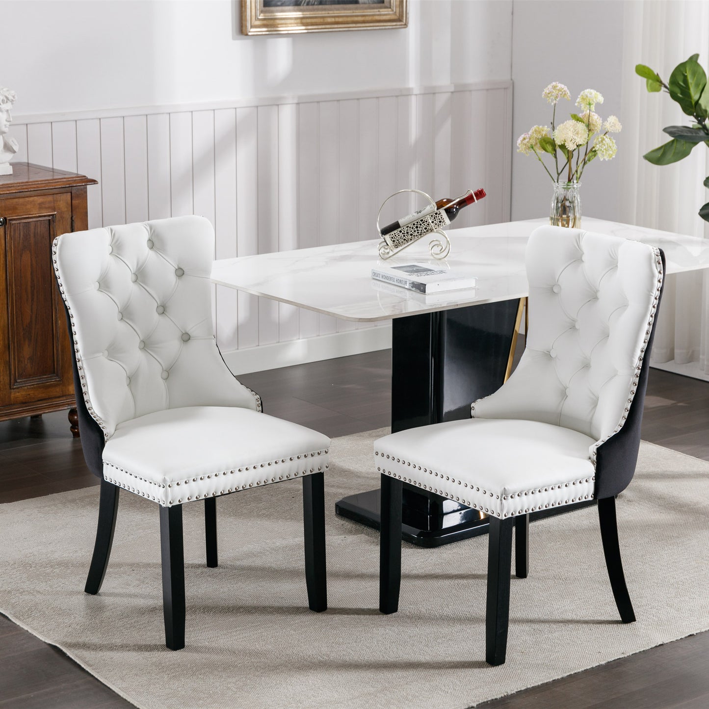 Tufted solid wood PU and velvet cushioned dining chairs with wooden leg nail head decoration 2-piece set in white and black