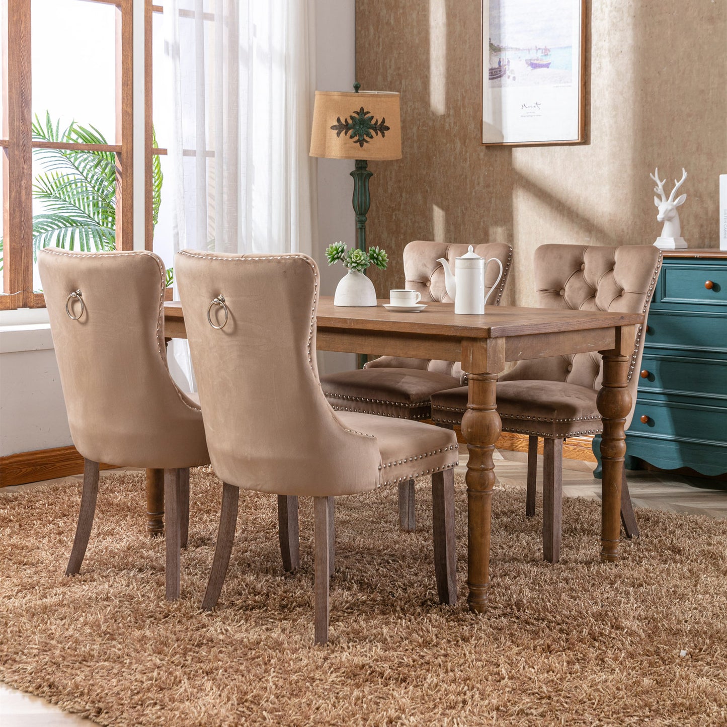 High-end Tufted Solid Wood Contemporary Velvet Upholstered Dining Chair with Wood Legs Nailhead Trim 2-Pcs Set Khaki