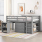 Low Study Full Loft Bed with Cabinet Shelves and Rolling Portable Desk Multiple Functions Bed- Gray