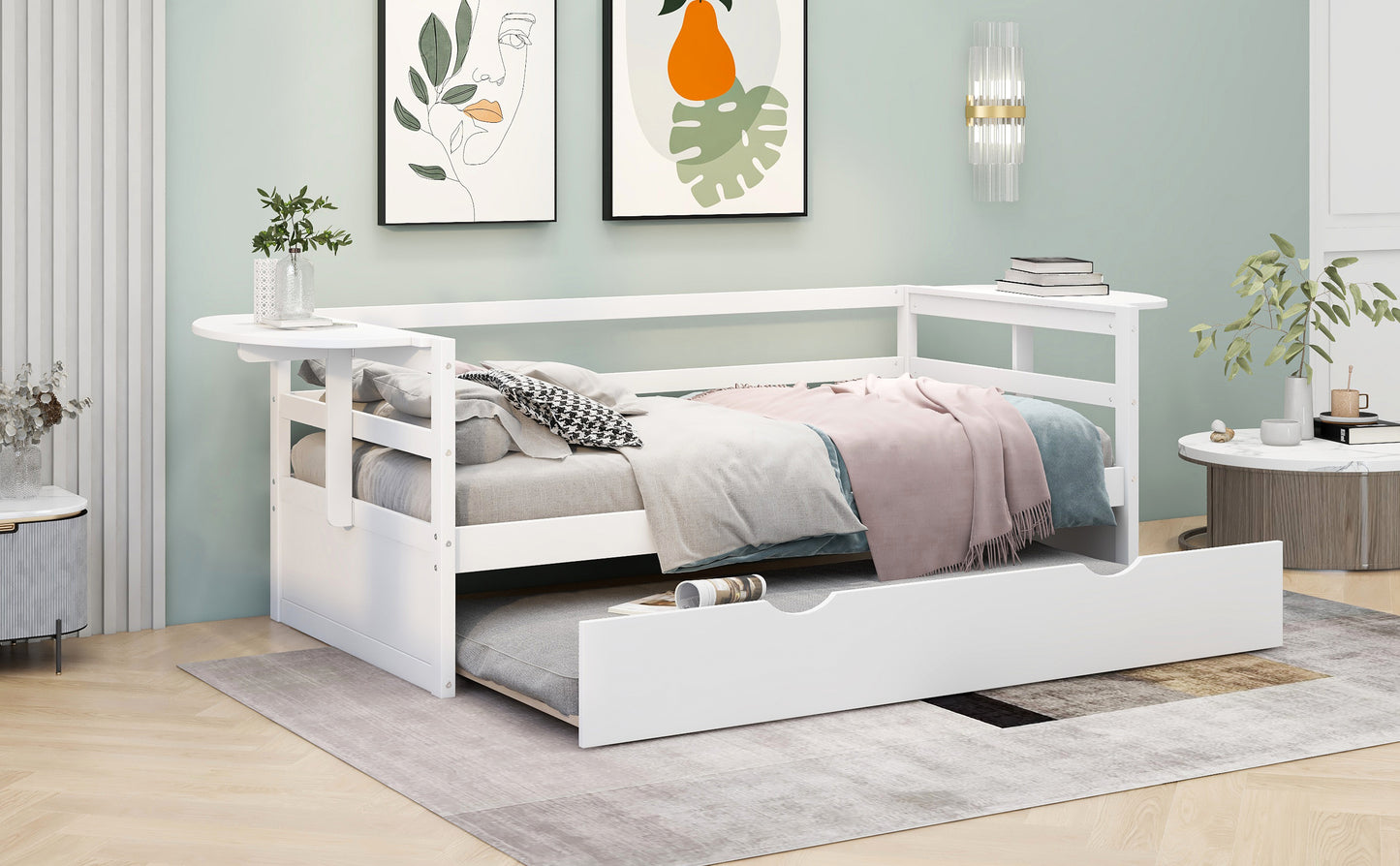 win Size Daybed with Trundle and Foldable Shelves on Both Sides White