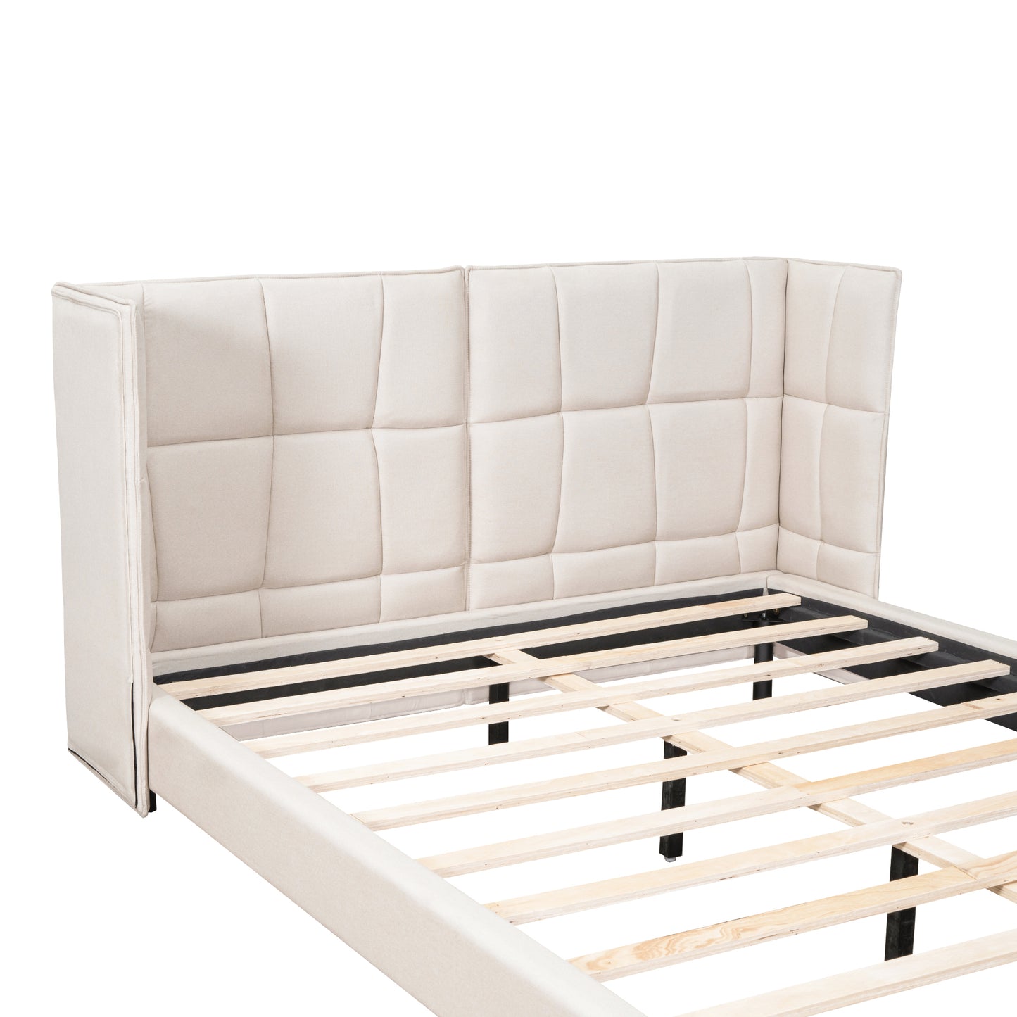 Queen Size Upholstered Platform Bed with LED Lights and U-Shaped Headboard, Linen Fabric, Beige