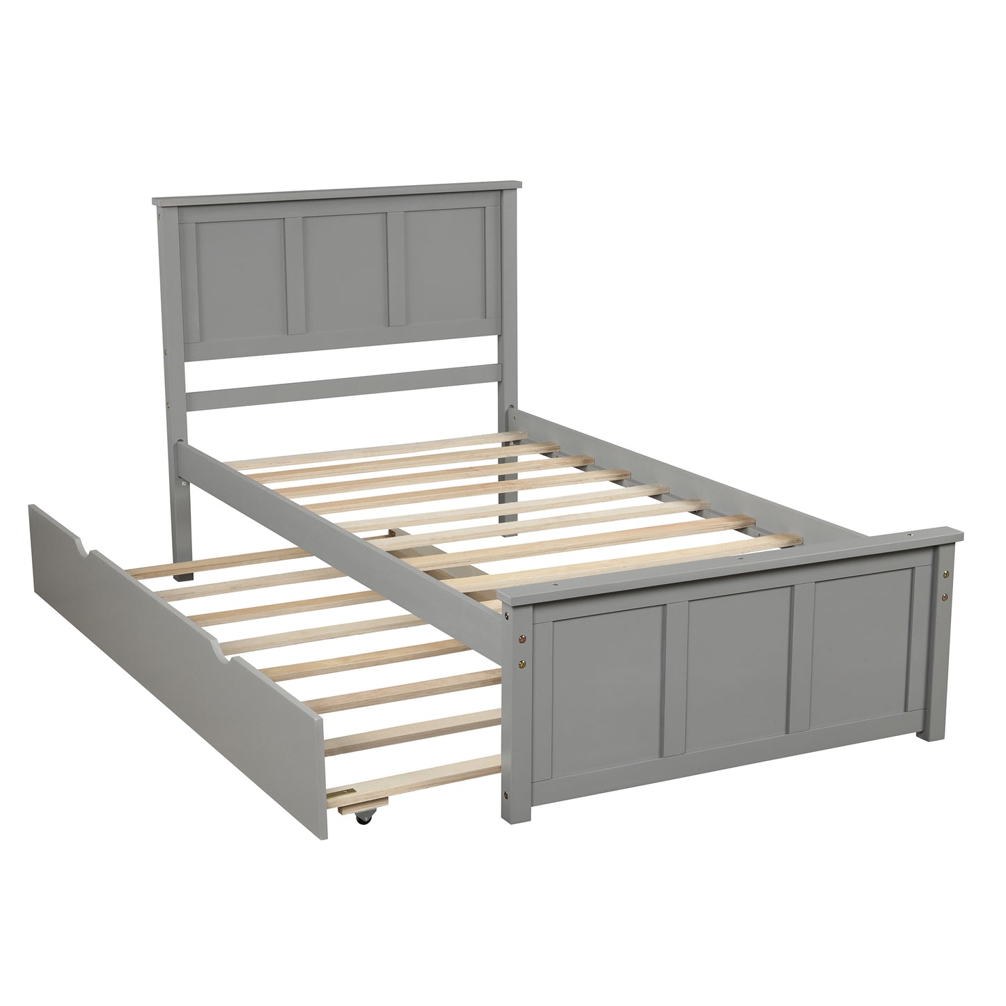 Platform Bed with Twin Size Trundle, Twin Size Frame in Gray Finish