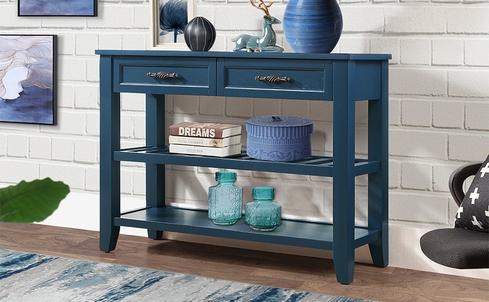 Console Sofa Table with 2 Storage Drawers and 2 Tiers Shelves Mid-Century Style 42'' Solid Wood Buffet Sideboard Navy Blue