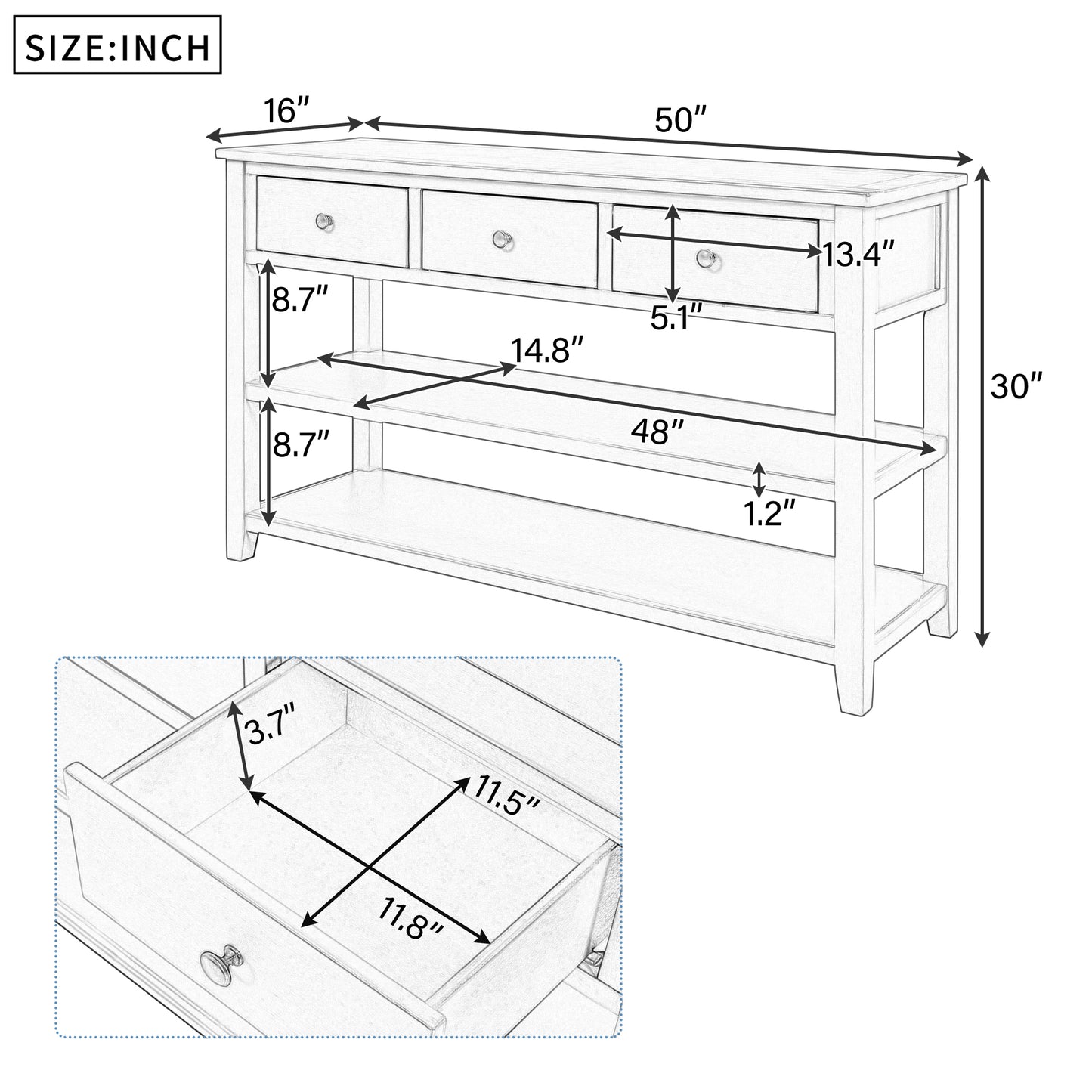 Retro Design Console Table with Two Open Shelves, Pine Solid Wood Frame and Legs for Living Room (Antique Navy+Espresso)