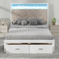 Wood Full Size Platform Bed with Upholstered Headboard and LED and 2 Drawers, Antique White