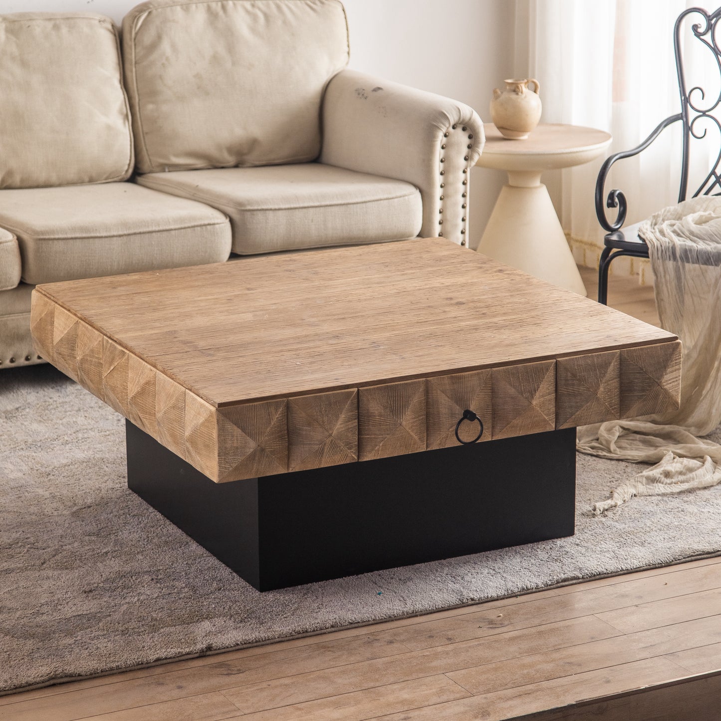 41.73" Three-Dimensional Embossed Pattern Square Retro Coffee Table with 2 Drawers and MDF Base