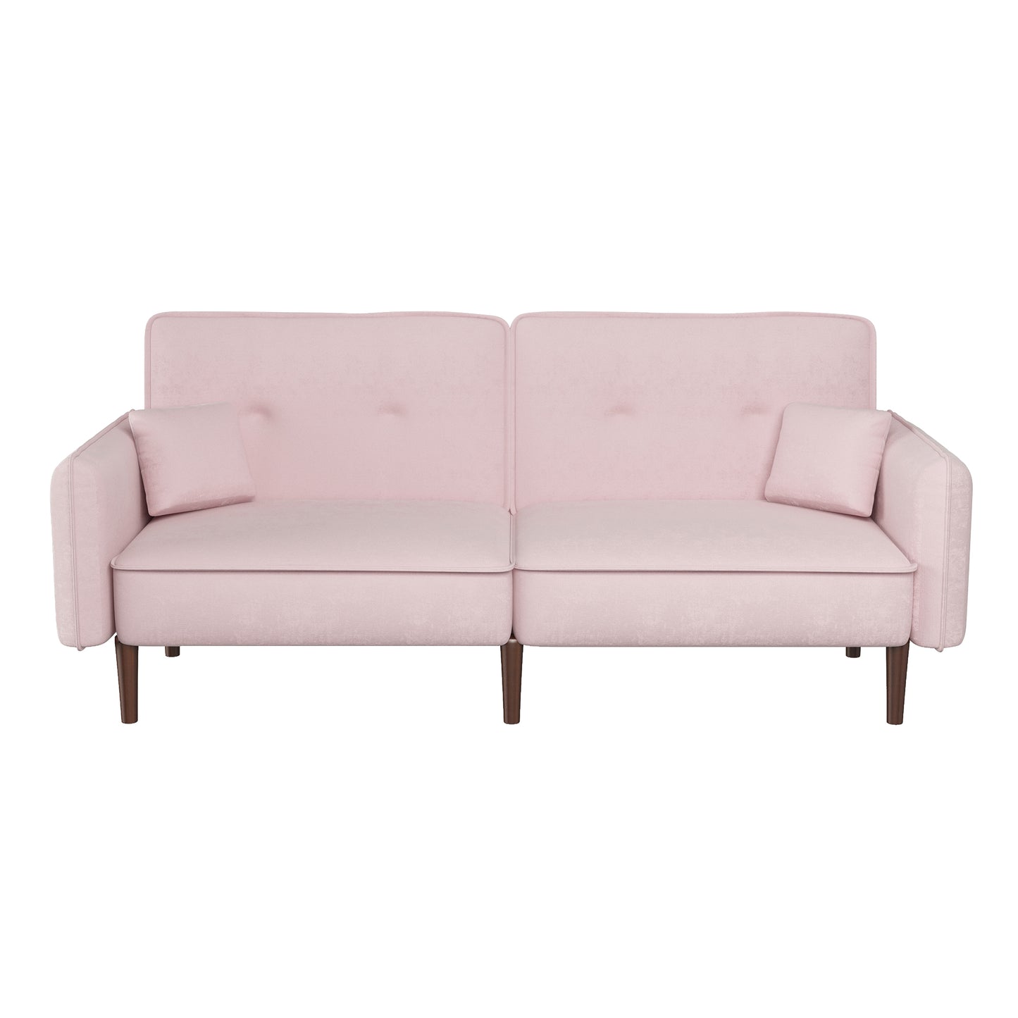 Sofá cama convertible con patas de madera y tapizado de terciopelo en color rosa para salones modernos