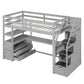 Twin Size Loft Bed with Desk and Shelves Two Built-in Drawers, Storage Staircase Gray