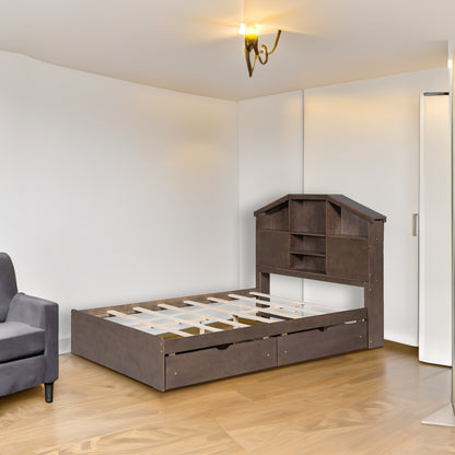 Full Platform Bed with Storage Headboard Walnut