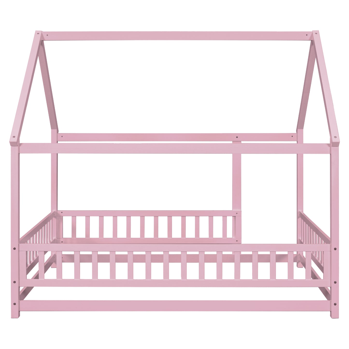 Full Size Floor Wooden Bed with House Roof Frame, Fence Guardrails ,Pink