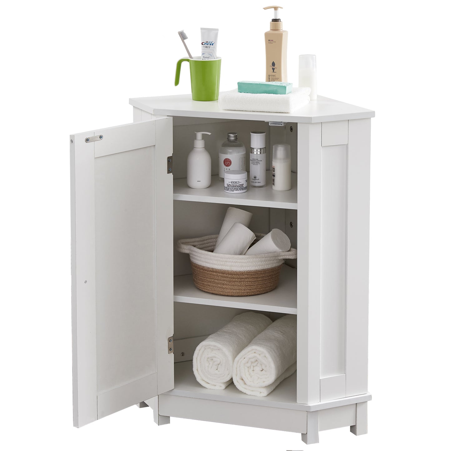 White Bathroom Cabinet Triangle Corner Storage Cabinet with Adjustable Shelf Modern Style MDF Board